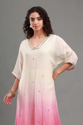 Buy_Kyra By Bhavna_Pink Chanderi V-neck Zyrah Kaftan And Pant Set _Online_at_Aza_Fashions