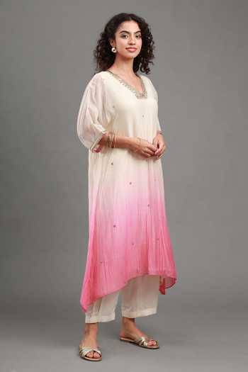 Shop_Kyra By Bhavna_Pink Chanderi V-neck Zyrah Kaftan And Pant Set _Online_at_Aza_Fashions