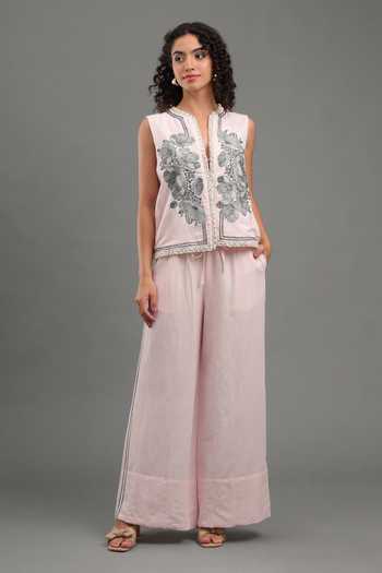 Kyra By Bhavna_Pink Linen Split V-neck Luna Embroidered Jacket And Pant Set _Online_at_Aza_Fashions
