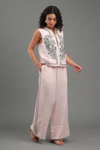 Buy_Kyra By Bhavna_Pink Linen Split V-neck Luna Embroidered Jacket And Pant Set _Online_at_Aza_Fashions