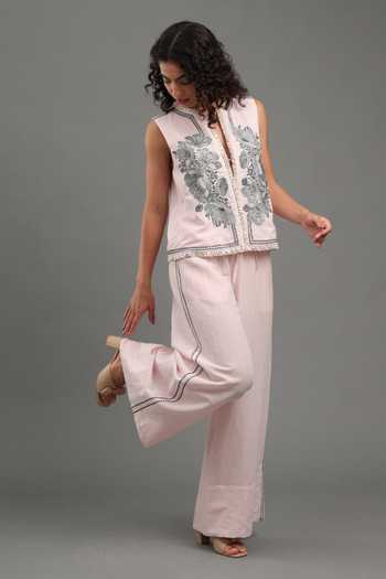 Shop_Kyra By Bhavna_Pink Linen Split V-neck Luna Embroidered Jacket And Pant Set _Online_at_Aza_Fashions
