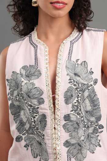 Kyra By Bhavna_Pink Linen Split V-neck Luna Embroidered Jacket And Pant Set _at_Aza_Fashions