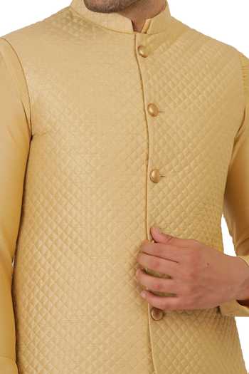Manish Nagdeo_Gold Silk, Cotton Quilted Bundi Jacket Kurta Set For Kids_Online_at_Aza_Fashions
