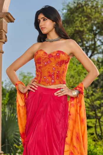 RINESSA Orange Georgette, Crepe, Satin, Shantoon Sequins, Tie Dye Cape And Dhoti Skirt Set Online at Aza Fashions RINESSA_Orange Georgette, Crepe, Satin, Shantoon Sequins, Tie Dye Cape And Dhoti Skirt Set _Online_at_Aza_Fashions