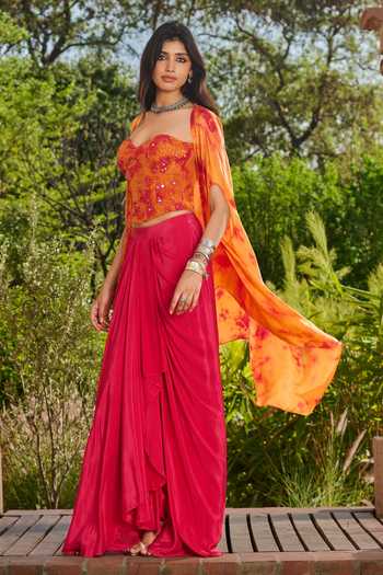 Buy RINESSA Orange Georgette, Crepe, Satin, Shantoon Sequins, Tie Dye Cape And Dhoti Skirt Set Buy_RINESSA_Orange Georgette, Crepe, Satin, Shantoon Sequins, Tie Dye Cape And Dhoti Skirt Set