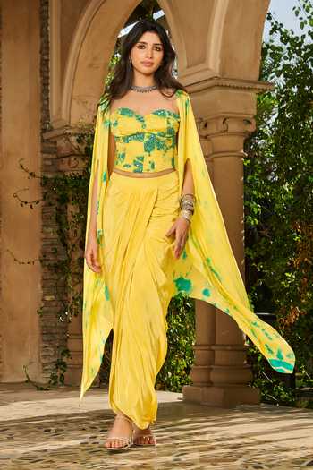 Buy RINESSA Yellow Georgette, Crepe, Satin, Hand Embellished Tie Dye Corset With Dhoti Skirt Online at Aza Fashions Buy_RINESSA_Yellow Georgette, Crepe, Satin, Hand Embellished Tie Dye Corset With Dhoti Skirt _Online_at_Aza_Fashions