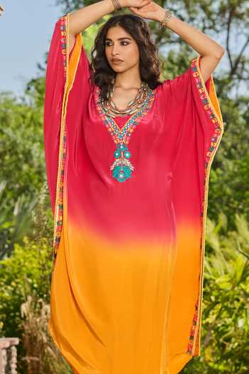 RINESSA Pink Crepe, Net, Shantoon, Lace V-neck Hand Embellished Ombre Kaftan Online at Aza Fashions RINESSA_Pink Crepe, Net, Shantoon, Lace V-neck Hand Embellished Ombre Kaftan _Online_at_Aza_Fashions