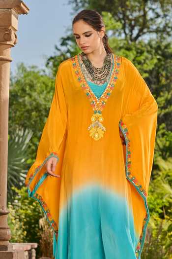 RINESSA Yellow Crepe, Net, Lace, Shantoon V-neck Ombre Hand Embellished Kaftan Online at Aza Fashions RINESSA_Yellow Crepe, Net, Lace, Shantoon V-neck Ombre Hand Embellished Kaftan _Online_at_Aza_Fashions