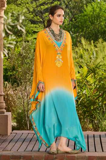 Buy RINESSA Yellow Crepe, Net, Lace, Shantoon V-neck Ombre Hand Embellished Kaftan Online at Aza Fashions Buy_RINESSA_Yellow Crepe, Net, Lace, Shantoon V-neck Ombre Hand Embellished Kaftan _Online_at_Aza_Fashions