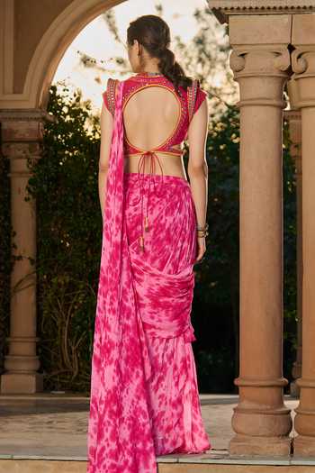 RINESSA Tie Dye Pre-Draped Saree With Embroidered Blouse 