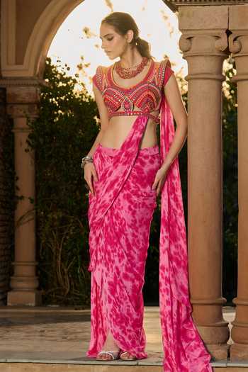 RINESSA_Pink Georgette, Dupion, Tie Dye Pre-draped Saree With Embroidered Blouse _Online_at_Aza_Fashions