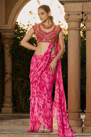 Buy_RINESSA_Pink Georgette, Dupion, Tie Dye Pre-draped Saree With Embroidered Blouse _Online_at_Aza_Fashions