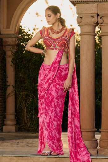 RINESSA Tie Dye Pre-Draped Saree With Embroidered Blouse 