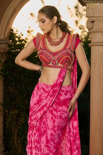 Shop_RINESSA_Pink Georgette, Dupion, Tie Dye Pre-draped Saree With Embroidered Blouse _Online_at_Aza_Fashions