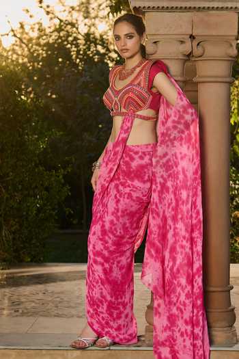 RINESSA_Pink Georgette, Dupion, Tie Dye Pre-draped Saree With Embroidered Blouse _at_Aza_Fashions
