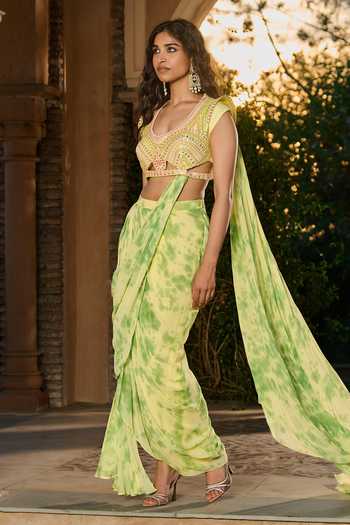 RINESSA Green Silk, Georgette, Dupion, Pre-draped Tie Dye Saree With Embroidered Blouse Online at Aza Fashions RINESSA_Green Silk, Georgette, Dupion, Pre-draped Tie Dye Saree With Embroidered Blouse _Online_at_Aza_Fashions