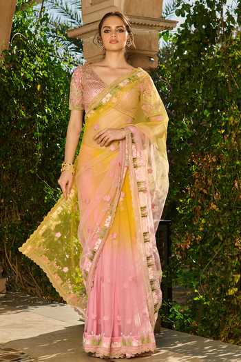 Shop_RINESSA_Pink Crepe, Net, Shantoon V-neck Ombre Saree With Hand Embroidered Blouse _Online_at_Aza_Fashions