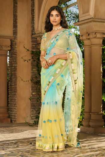 RINESSA_Yellow Crepe, Net, Shantoon V-neck Ombre Saree With Embroidered Blouse _Online_at_Aza_Fashions
