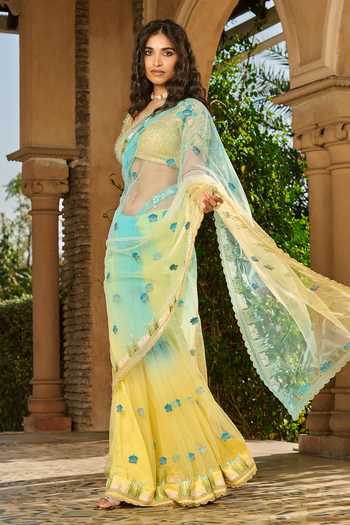 Buy_RINESSA_Yellow Crepe, Net, Shantoon V-neck Ombre Saree With Embroidered Blouse _Online_at_Aza_Fashions