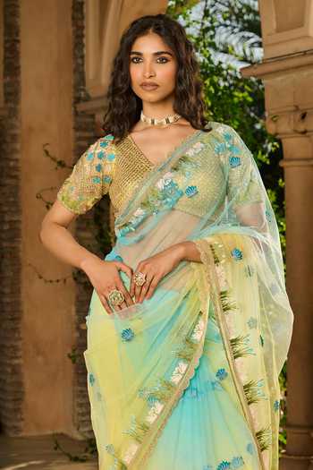 Shop_RINESSA_Yellow Crepe, Net, Shantoon V-neck Ombre Saree With Embroidered Blouse _Online_at_Aza_Fashions