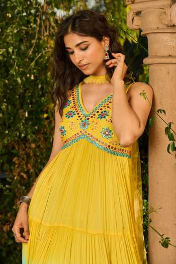 RINESSA Yellow Silk, Georgette, Satin, Net, Hand Embroidered Ombre Anarkali With Dupatta Online at Aza Fashions RINESSA_Yellow Silk, Georgette, Satin, Net, Hand Embroidered Ombre Anarkali With Dupatta _Online_at_Aza_Fashions