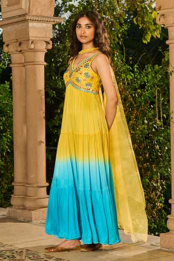 Shop RINESSA Yellow Silk, Georgette, Satin, Net, Hand Embroidered Ombre Anarkali With Dupatta Online at Aza Fashions Shop_RINESSA_Yellow Silk, Georgette, Satin, Net, Hand Embroidered Ombre Anarkali With Dupatta _Online_at_Aza_Fashions