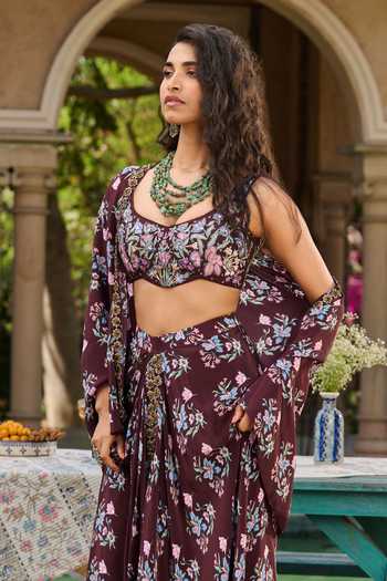 RINESSA Maroon Silk, Crepe, Dupion, Shantoon Printed Cape And Draped Skirt Co-ord Set Online at Aza Fashions RINESSA_Maroon Silk, Crepe, Dupion, Shantoon Printed Cape And Draped Skirt Co-ord Set _Online_at_Aza_Fashions