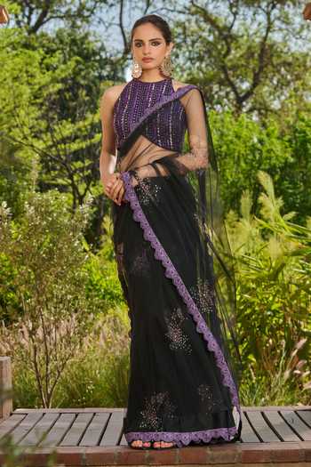 RINESSA Black Satin, Net Halter Neck Printed Embellished Saree With Blouse Online at Aza Fashions RINESSA_Black Satin, Net Halter Neck Printed Embellished Saree With Blouse _Online_at_Aza_Fashions