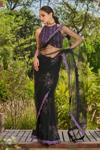 Buy RINESSA Black Satin, Net Halter Neck Printed Embellished Saree With Blouse Online at Aza Fashions Buy_RINESSA_Black Satin, Net Halter Neck Printed Embellished Saree With Blouse _Online_at_Aza_Fashions
