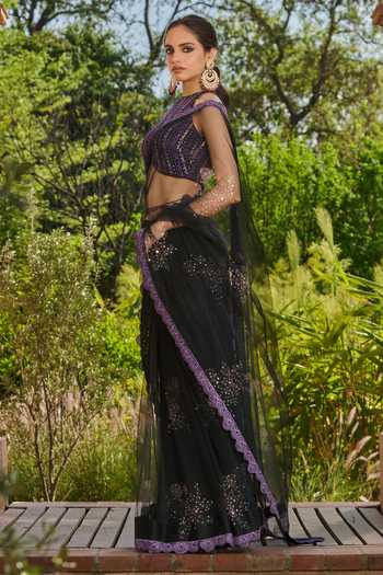 Shop RINESSA Black Satin, Net Halter Neck Printed Embellished Saree With Blouse Online at Aza Fashions Shop_RINESSA_Black Satin, Net Halter Neck Printed Embellished Saree With Blouse _Online_at_Aza_Fashions