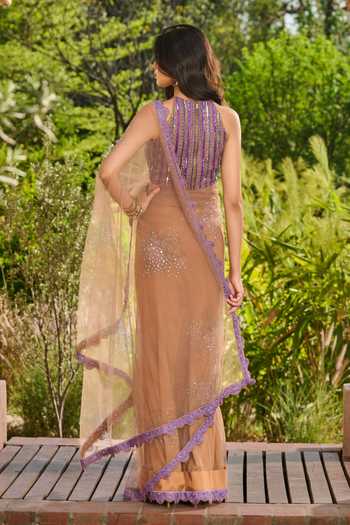 Shop RINESSA Gold Satin, Net Halter Neck Printed Embellished Saree With Embroidered Blouse at Aza Fashions Shop_RINESSA_Gold Satin, Net Halter Neck Printed Embellished Saree With Embroidered Blouse _at_Aza_Fashions