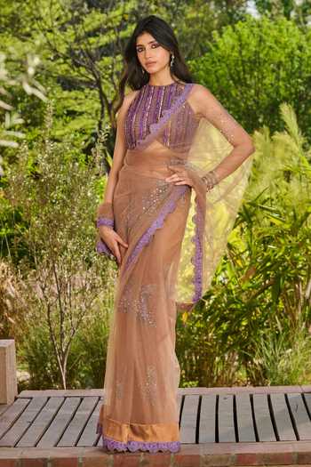 Shop RINESSA Gold Satin, Net Halter Neck Printed Embellished Saree With Embroidered Blouse Online at Aza Fashions Shop_RINESSA_Gold Satin, Net Halter Neck Printed Embellished Saree With Embroidered Blouse _Online_at_Aza_Fashions