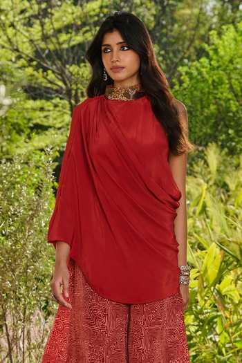 RINESSA_Red Crepe, Dupion, Silk Choker Printed Sharara With Embroidered Collar Drape _Online_at_Aza_Fashions