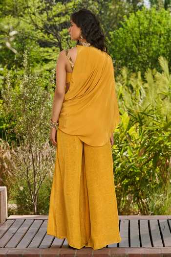 Shop RINESSA Yellow Silk, Crepe, Dupion Choker Printed Sharara With Embroidered Collar Drape at Aza Fashions Shop_RINESSA_Yellow Silk, Crepe, Dupion Choker Printed Sharara With Embroidered Collar Drape _at_Aza_Fashions