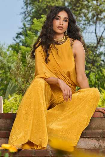 RINESSA Yellow Silk, Crepe, Dupion Choker Printed Sharara With Embroidered Collar Drape at Aza Fashions RINESSA_Yellow Silk, Crepe, Dupion Choker Printed Sharara With Embroidered Collar Drape _at_Aza_Fashions