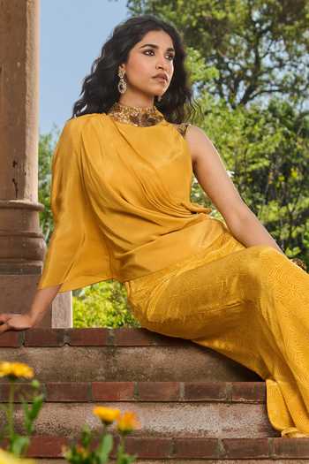Buy RINESSA Yellow Silk, Crepe, Dupion Choker Printed Sharara With Embroidered Collar Drape Buy_RINESSA_Yellow Silk, Crepe, Dupion Choker Printed Sharara With Embroidered Collar Drape
