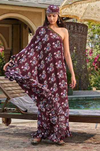 Buy_RINESSA_Maroon Crepe, Net One Shoulder Hand Embellished Off Printed Kaftan _Online_at_Aza_Fashions