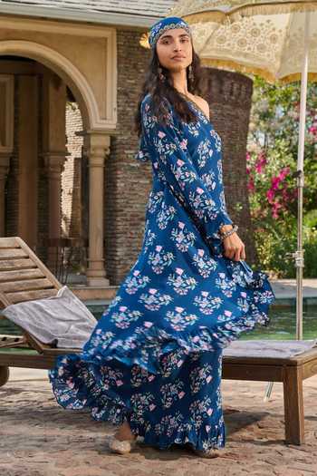Buy_RINESSA_Blue Crepe, Net One Shoulder Hand Embellished Off Printed Kaftan _Online_at_Aza_Fashions