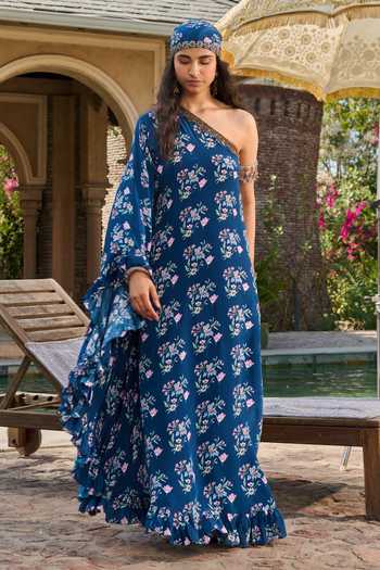 Shop_RINESSA_Blue Crepe, Net One Shoulder Hand Embellished Off Printed Kaftan _Online_at_Aza_Fashions