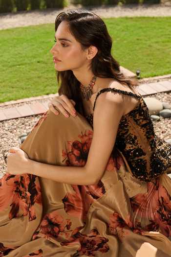 RINESSA Black Crepe, Net, Shantoon Hand Embroidered Peplum Top And Printed Skirt Set Online at Aza Fashions RINESSA_Black Crepe, Net, Shantoon Hand Embroidered Peplum Top And Printed Skirt Set _Online_at_Aza_Fashions