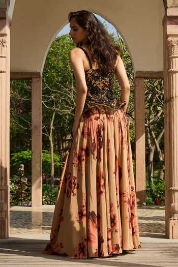 RINESSA Hand Embroidered Peplum Top & Printed Skirt Set 