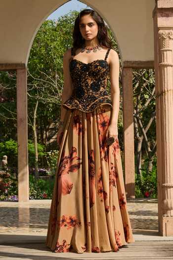 Buy RINESSA Black Crepe, Net, Shantoon Hand Embroidered Peplum Top And Printed Skirt Set Online at Aza Fashions Buy_RINESSA_Black Crepe, Net, Shantoon Hand Embroidered Peplum Top And Printed Skirt Set _Online_at_Aza_Fashions