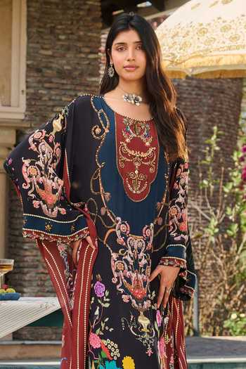 RINESSA_Black Crepe Round Neck Hand Embellished Printed Kaftan With Slip _Online_at_Aza_Fashions