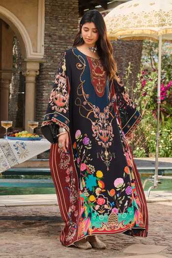 Buy_RINESSA_Black Crepe Round Neck Hand Embellished Printed Kaftan With Slip _Online_at_Aza_Fashions
