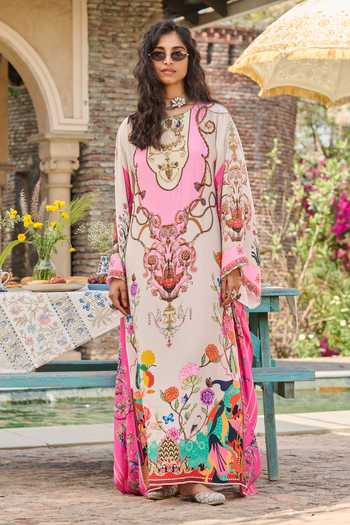 Shop RINESSA Pink Crepe Round Neck Printed Hand Embellished Kaftan With Slip Online at Aza Fashions Shop_RINESSA_Pink Crepe Round Neck Printed Hand Embellished Kaftan With Slip _Online_at_Aza_Fashions
