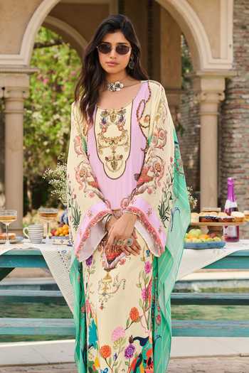 Buy RINESSA Ivory Crepe Round Neck Hand Embellished Printed Kaftan With Slip Online at Aza Fashions Buy_RINESSA_Ivory Crepe Round Neck Hand Embellished Printed Kaftan With Slip _Online_at_Aza_Fashions