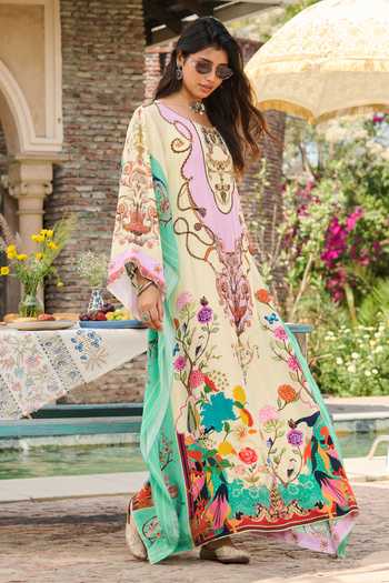 RINESSA Ivory Crepe Round Neck Hand Embellished Printed Kaftan With Slip at Aza Fashions RINESSA_Ivory Crepe Round Neck Hand Embellished Printed Kaftan With Slip _at_Aza_Fashions