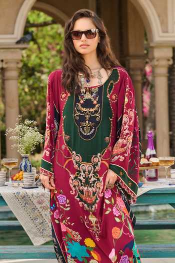 RINESSA Maroon Crepe Round Neck Hand Embellished Floral Print Kaftan With Slip Online at Aza Fashions RINESSA_Maroon Crepe Round Neck Hand Embellished Floral Print Kaftan With Slip _Online_at_Aza_Fashions