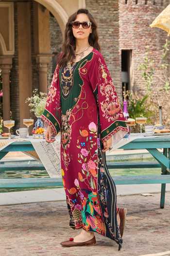 Buy RINESSA Maroon Crepe Round Neck Hand Embellished Floral Print Kaftan With Slip Online at Aza Fashions Buy_RINESSA_Maroon Crepe Round Neck Hand Embellished Floral Print Kaftan With Slip _Online_at_Aza_Fashions