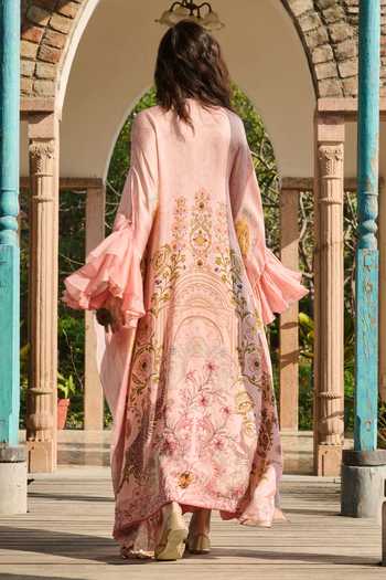 Shop RINESSA Peach Organza, Satin, Modal Hand Embellished Suzani Print Kaftan With Slip at Aza Fashions Shop_RINESSA_Peach Organza, Satin, Modal Hand Embellished Suzani Print Kaftan With Slip _at_Aza_Fashions